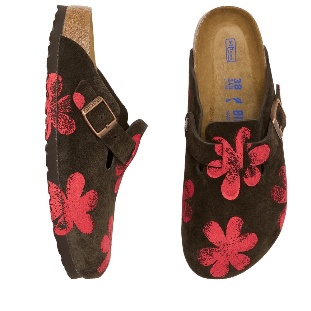 Birkenstock Brown and Red Floral Suede Clogs Hand Stamped The Great. - Picture 1 of 4
